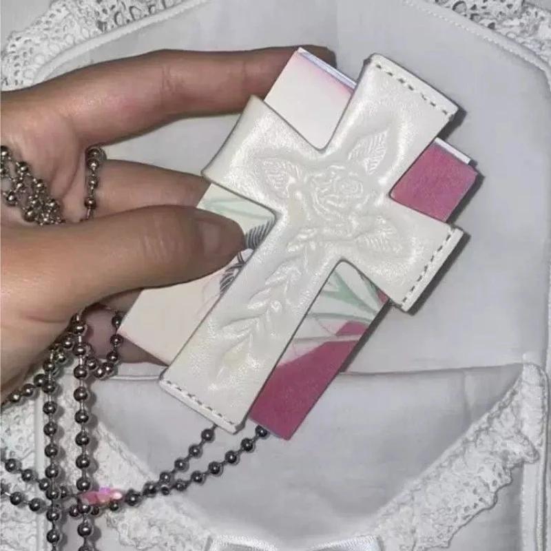 Gothic Subculture Cross Cardholder Necklace Faux Leather Neck Pouch Pendant Cool Alt Style Necklace for Cards Storage Decor