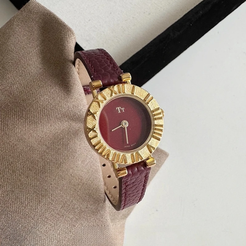 Luxury Red Top Brand Women's Quartz Watch Retro Gold Roman Frame Leather Waterproof Leather Women's Watch Relógio Feminino