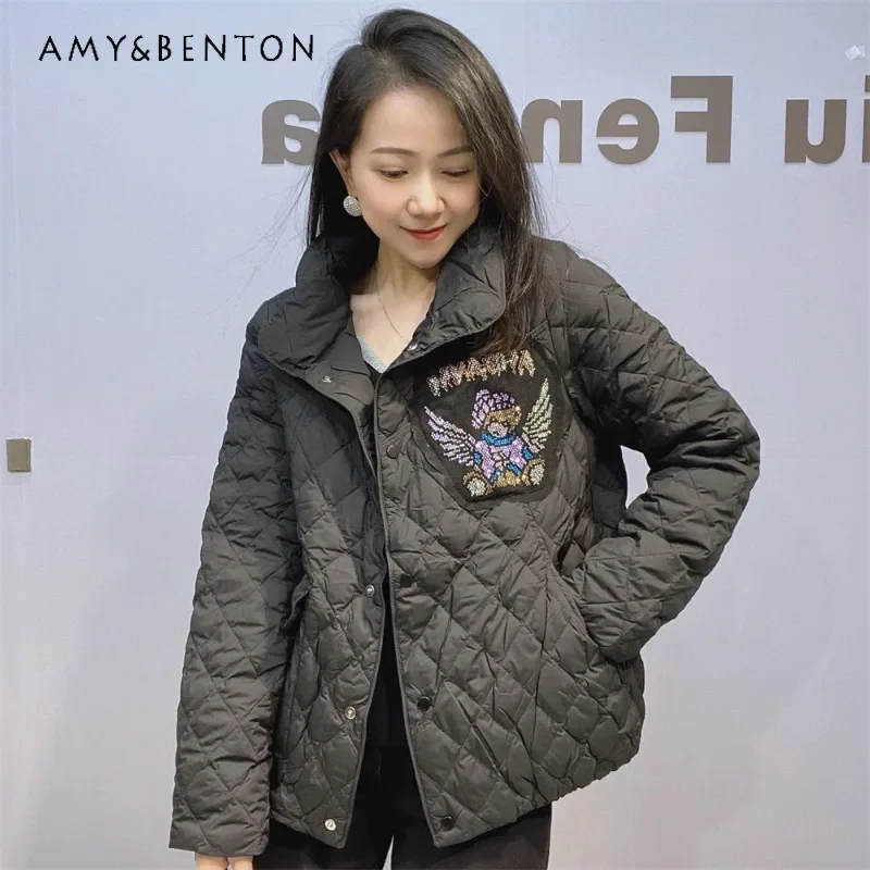 

Popular Women's Winter New Cotton-padded Coat Women's Diamond Drills Thin Fashion High-end Lapel Short White Duck Down Jacket