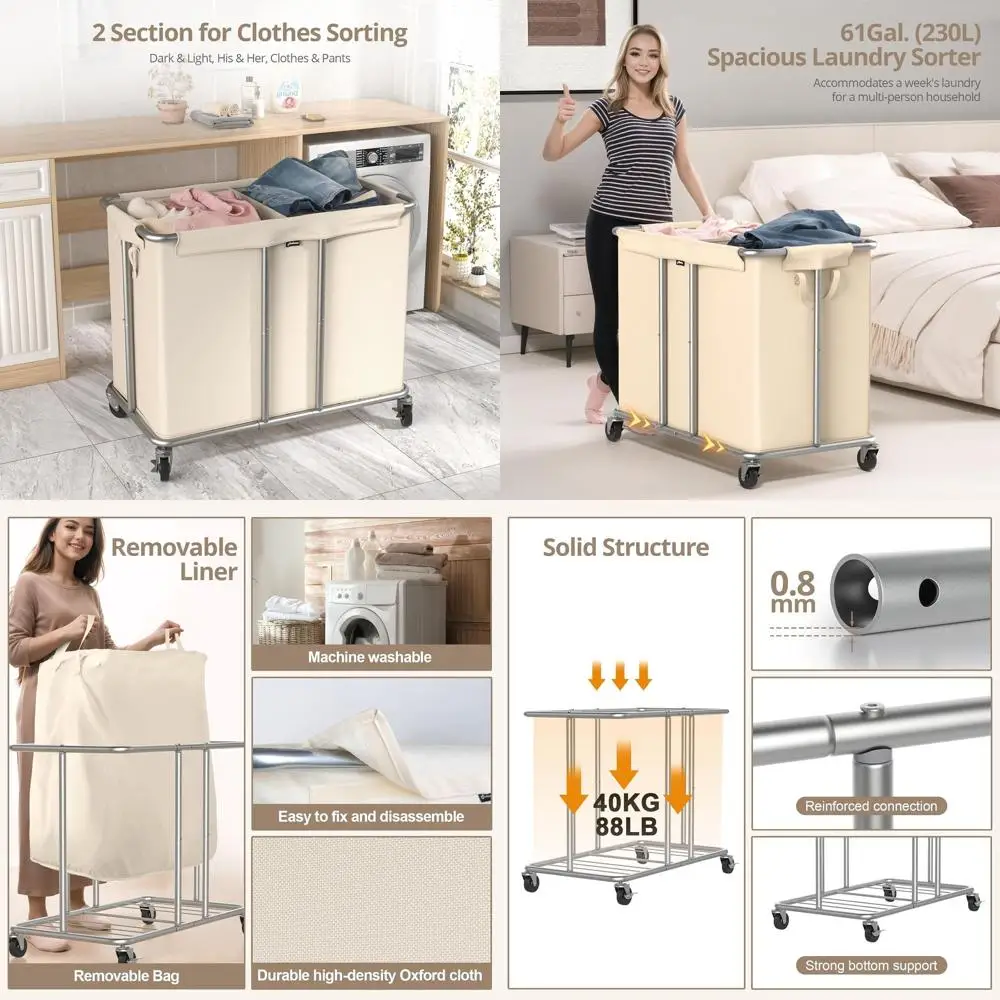 

2-секционная корзина для белья на колесиках емкостью 6 галлонов со съемной подкладкой, идеально подходит для домашнего использования бежевого цвета