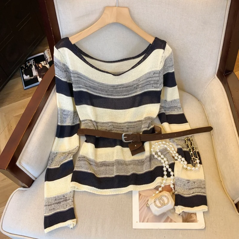 

Loose Striped Knitwear Women's Long Sve Slim Fit Base irt Top Autumn New Sle Waist Cinching Lazy Sle Faionable