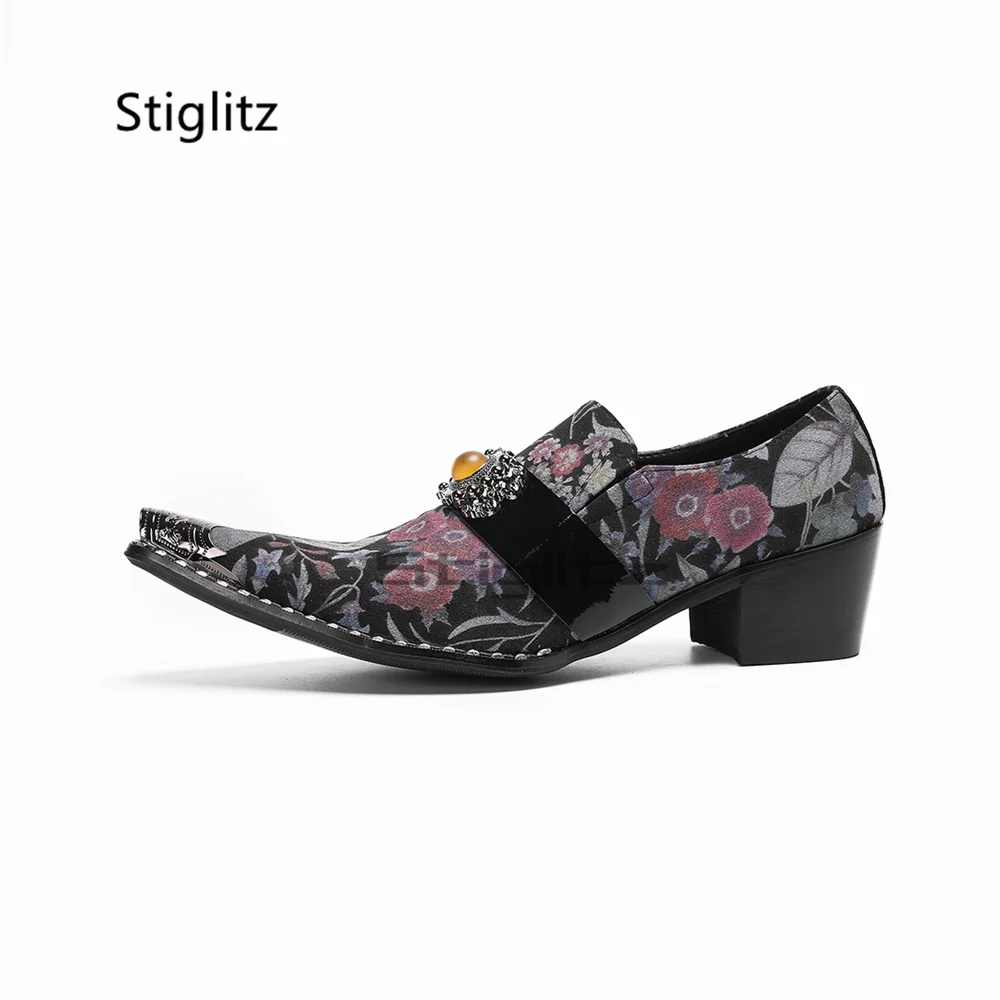 Flowers Prints High Heels Dress Shoes for Men Gem Strap Metal Pointed Toe Casual Business Shoes Luxury Party Wedding Shoes