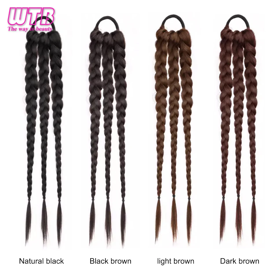 Extensión de cabello sintético trenzado para mujer, coleta con banda de goma, trenzas de boxeo, accesorios para el cabello, trenzas largas negras, 20 pulgadas