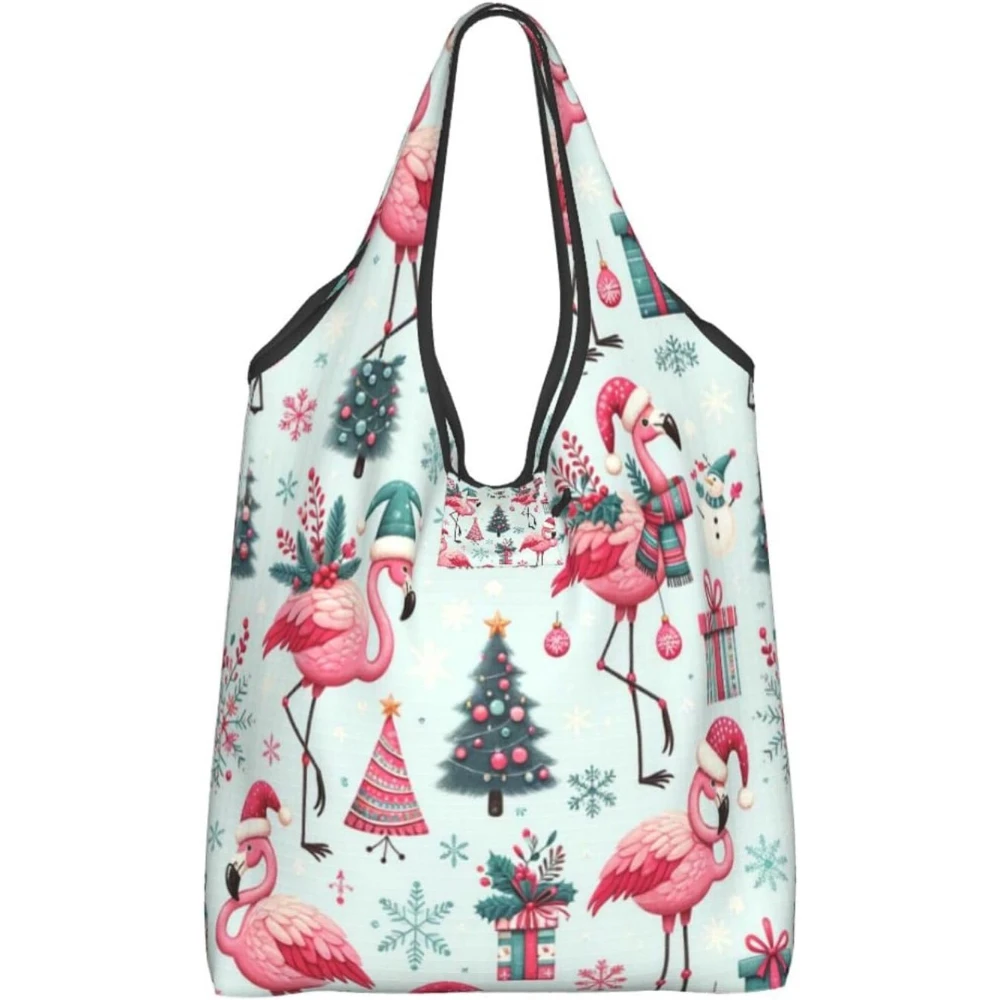 Foldable Christmas Cute Flamingo Reusable Grocery Shopping Bag, Waterproof Shopping Tote Shopper Bag Print One Size
