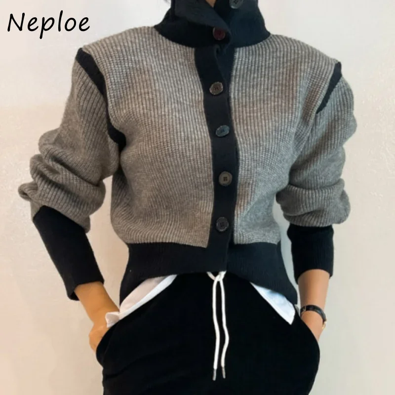 Neploe Turtleneck Contrast Color Patchwork Outerwear Single-breasted Slim Sweater Women Autumn Winter Cardigan Korea Style