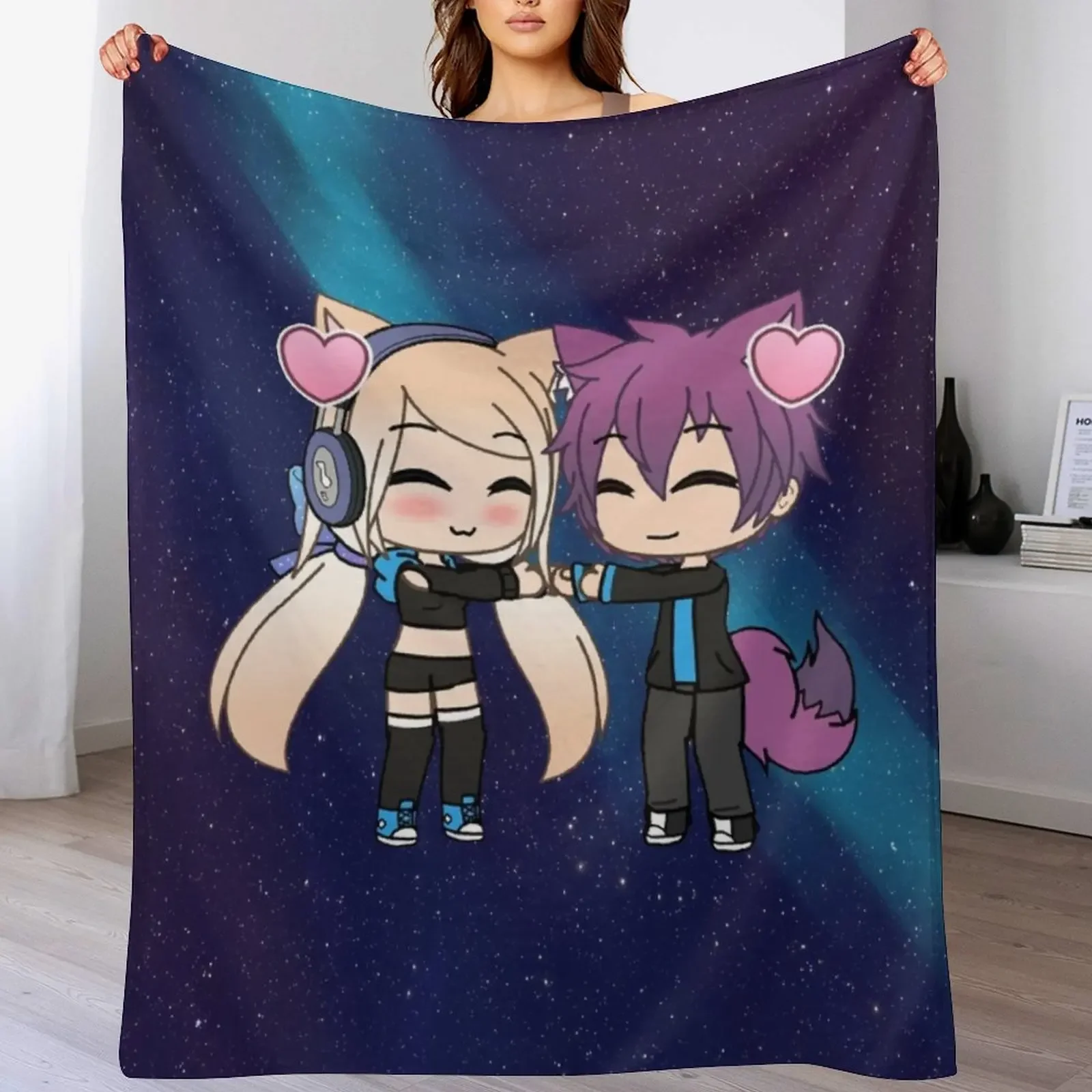 

Cute Gacha Girl and Boy with Fox Tail Throw Blanket Cozy Throw Blanket for Bed Sofa Chair