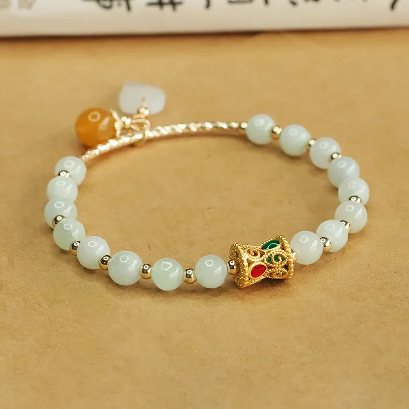 Natural Burmese Imitation Jade Jade Leaf Niche Light Luxury Half Bracelet Shape Bracelet Women's Simple Vintage Girlfriend Gift