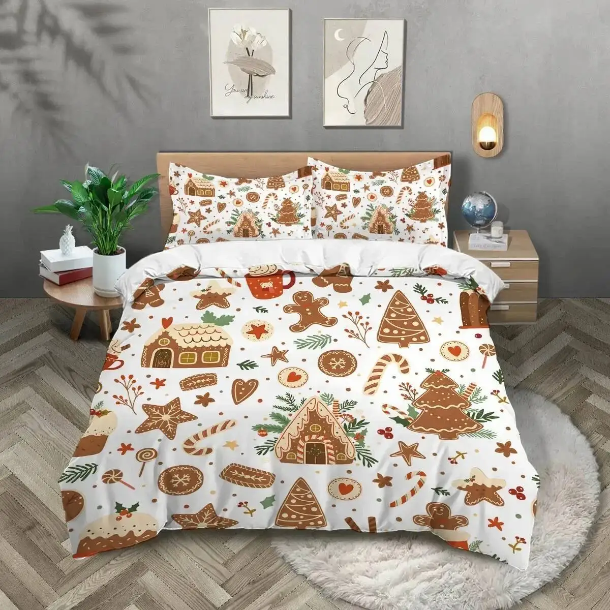 

Christmas Cottage Gingerbread Man Brown Print Quilt Cover With Pillowcases, Skin-Friendly, Warm, Soft Breathable Bedding Set