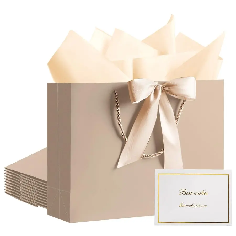 

12.6 Gift Bags Bulk, 10 Pcs Gift Bags with 20 Tissue Paper 10 Greeting Cards, Luxury Bag with Handles for Anniversary Wedding Bi
