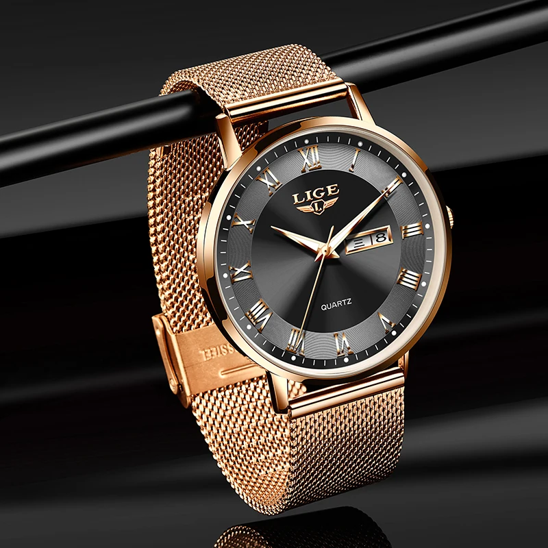 LIGE Fashion Luxury Quartz Watch for Men Casual Mesh Belt Date Week Ultra Thin Men\'s Watches Elegant Male Clock Reloj Mujer+Box