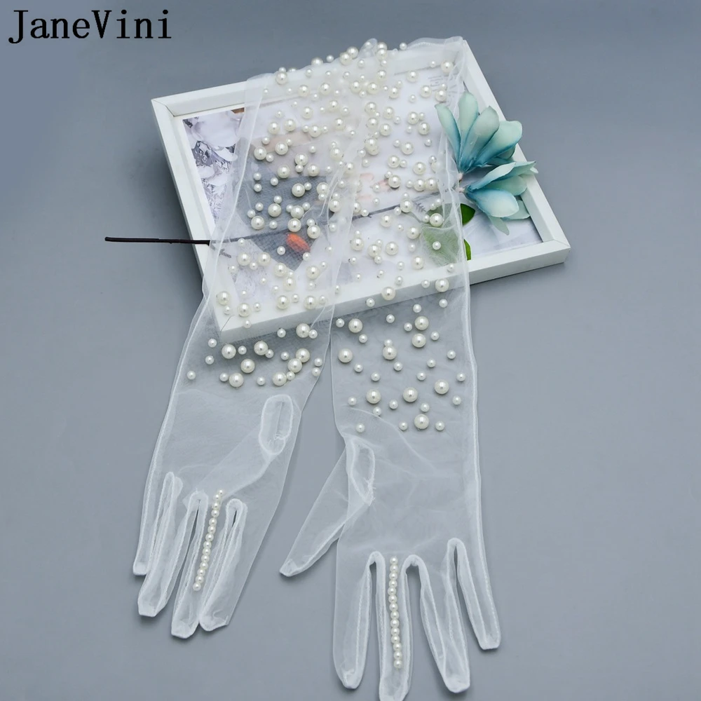 JaneVini-guantes de novia con perlas para mujer, guantes de boda con dedo, lujo elegante, Handschuhe Damen, guante de tul transparente blanco