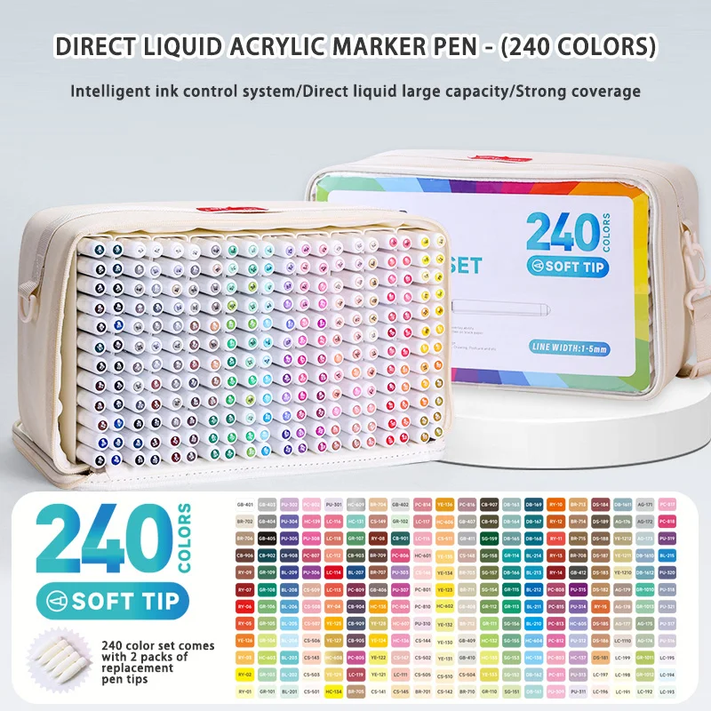 Languo 240/288 kleuren directe vloeibare acryl markeerstiften set met vervangende tips student DIY graffiti tekening schilderpen