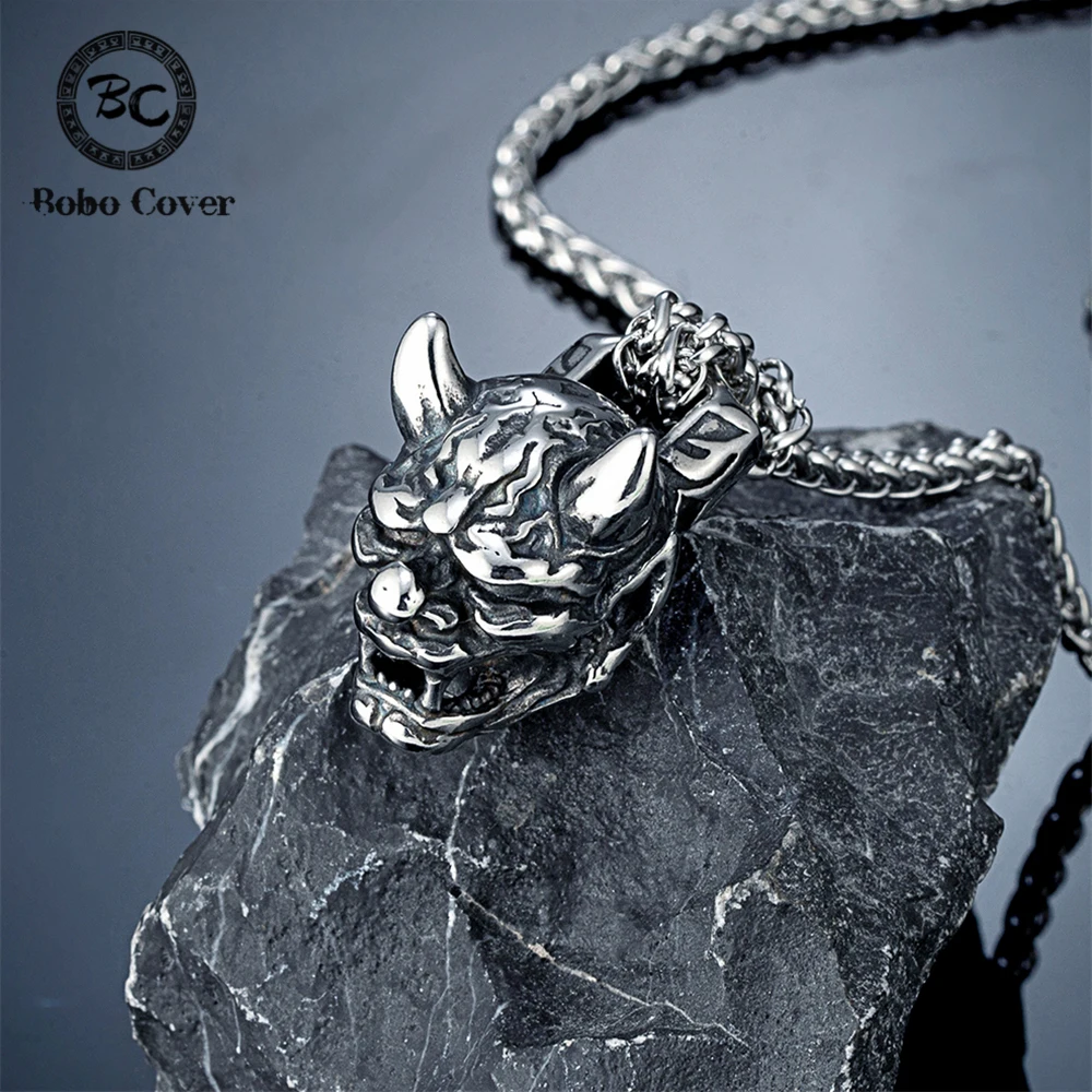 Vintage Japanese Culture Noh Mask Necklaces Mens Stainless Steel Solid Monster Hannya Pendant Biker Jewelry Prajna Amulet Gifts