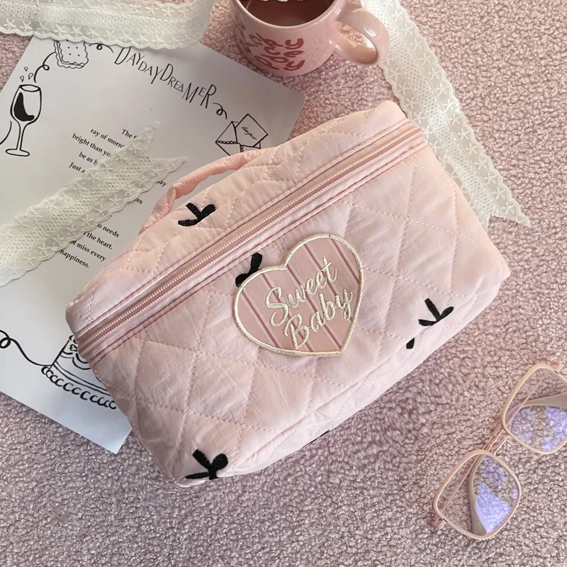 Pink Embroidered Cosmetic Bag For Women Small Square Bag With Sweet Bow Sweet Style Handbag Cute Cosmetic Bag Mini Sacs Make Up