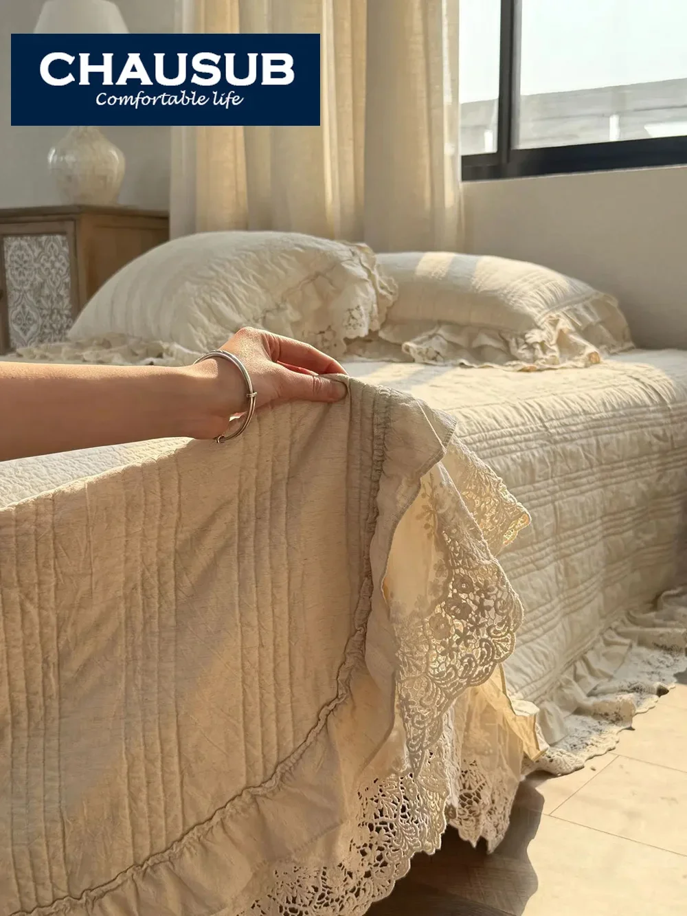 Natural Linen Cotton Blend Bedspread Set 3-Piece French Vintage Lace Trim Solid Color Quilted Luxury Bed Cover Home Decor Quilt