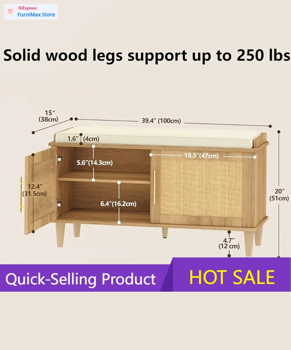 

Limited-time promotionRattan Shoe Storage Bench with Cushion, Adjustable Shelves, 2 Doors for Entryway, Living Room - Natural Oa
