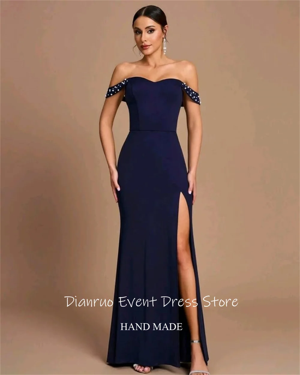 Dianruo azul marinho vestidos de noite vintage fora do ombro vestido de festa alças frisadas vestido de fenda lateral para mulher 2025 personalizado