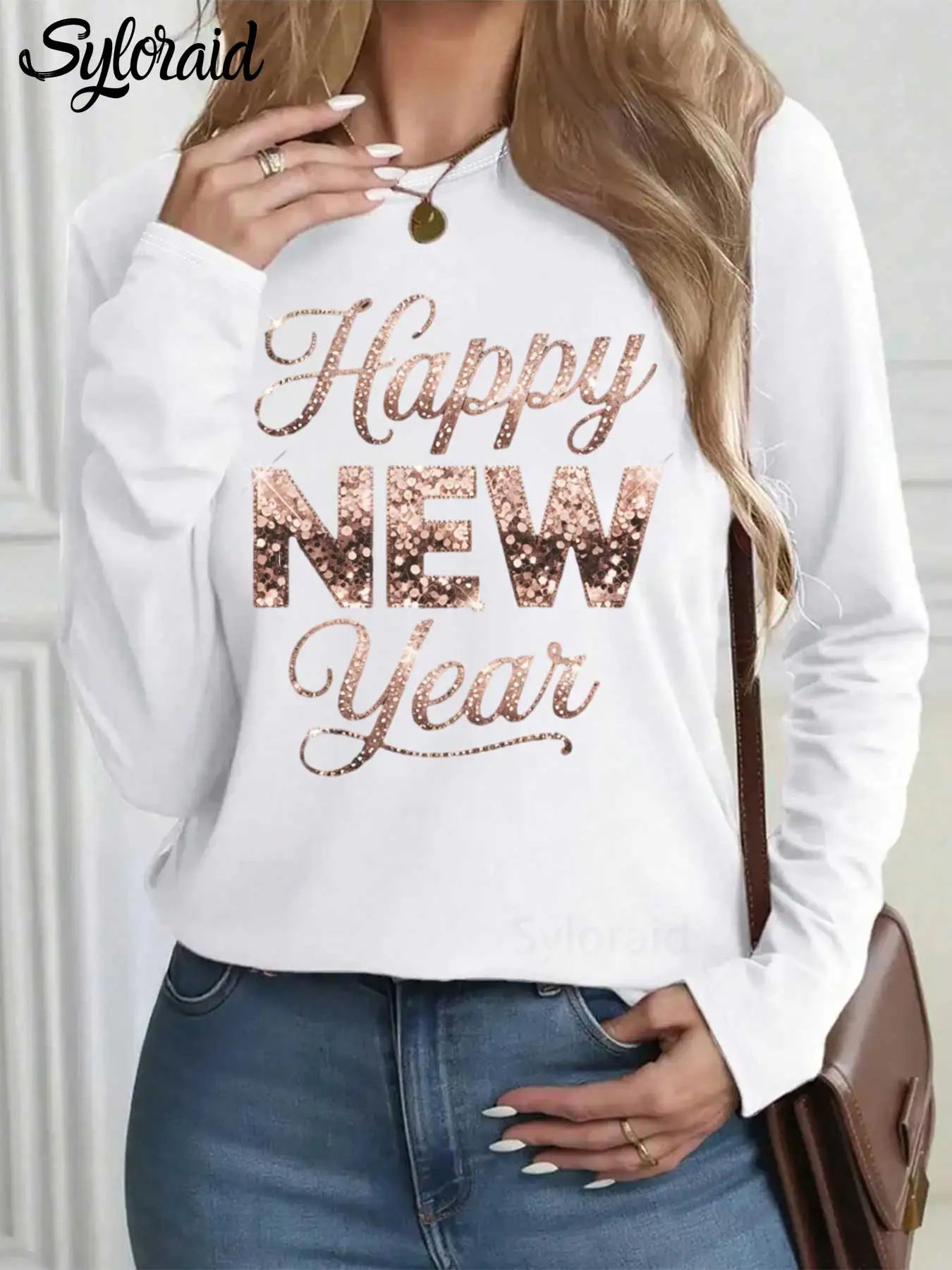 

Women's Long Sleeve T Shirt Happy New Year Golden Print T Shirt Fashion Round Neck Casual Top
