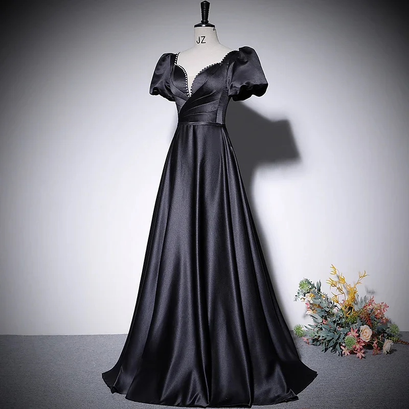Customized Evening Dress Black Satin Beads V-Neck Short Sleeves Floor Length Lace Up A-Line Plus Size Women party Formal Gowns