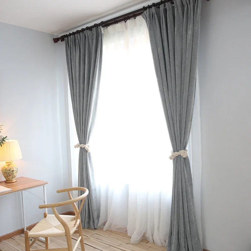 Chenille Shading Curtains for Living Room Bedroom Cotton Linen Gray Blue Nordic Luxury Solid Color Customization Modern