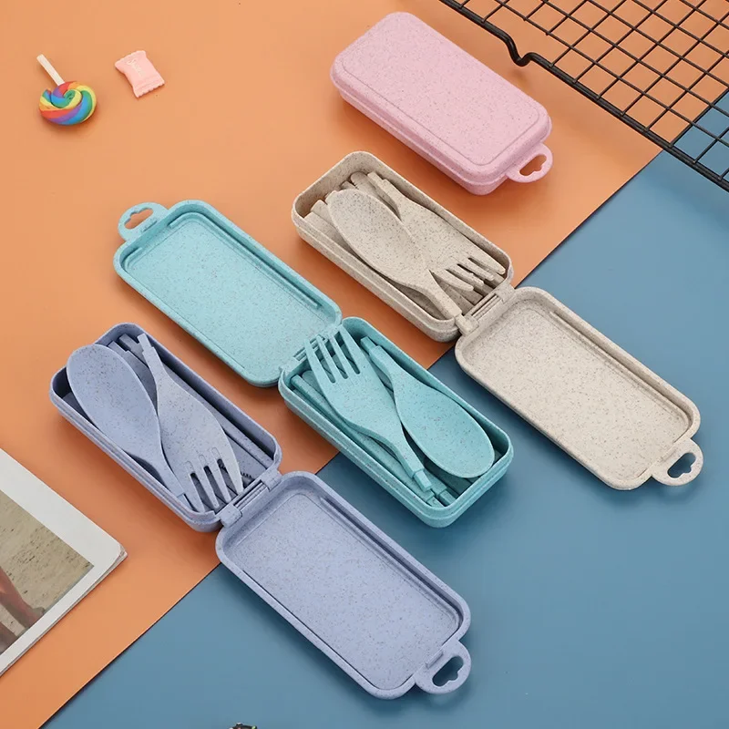 Portable Wheat Straw Fork Cutlery Set Foldable Folding Chopsticks Cutlery Set with Box Picnic Camping Travel Tableware Set Fork