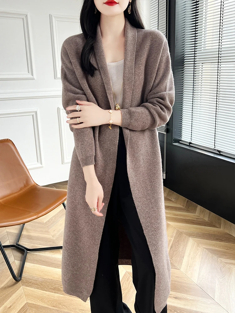 2024 Cardigan lungo da donna maglione di cashmere primavera autunno inverno ufficio signora cappotto allentato 100% lana merino maglieria moda coreana