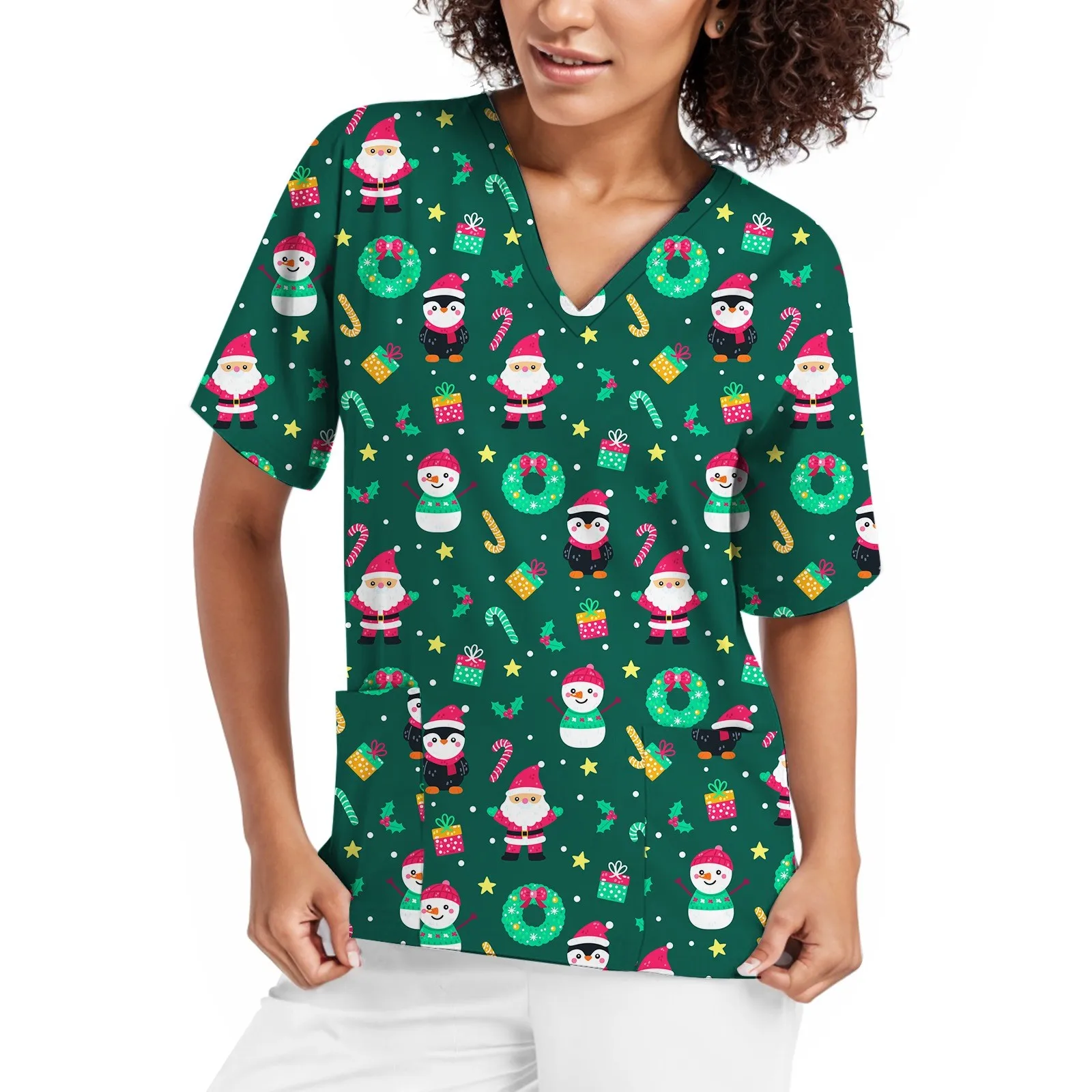 Kerst Ziekenhuis Verpleegster Blouse Anime Medische Uniformen Vrouwen Verpleging Scrubs Shirts Korte Verloskundige Werknemers Scrubs Top Met Zak