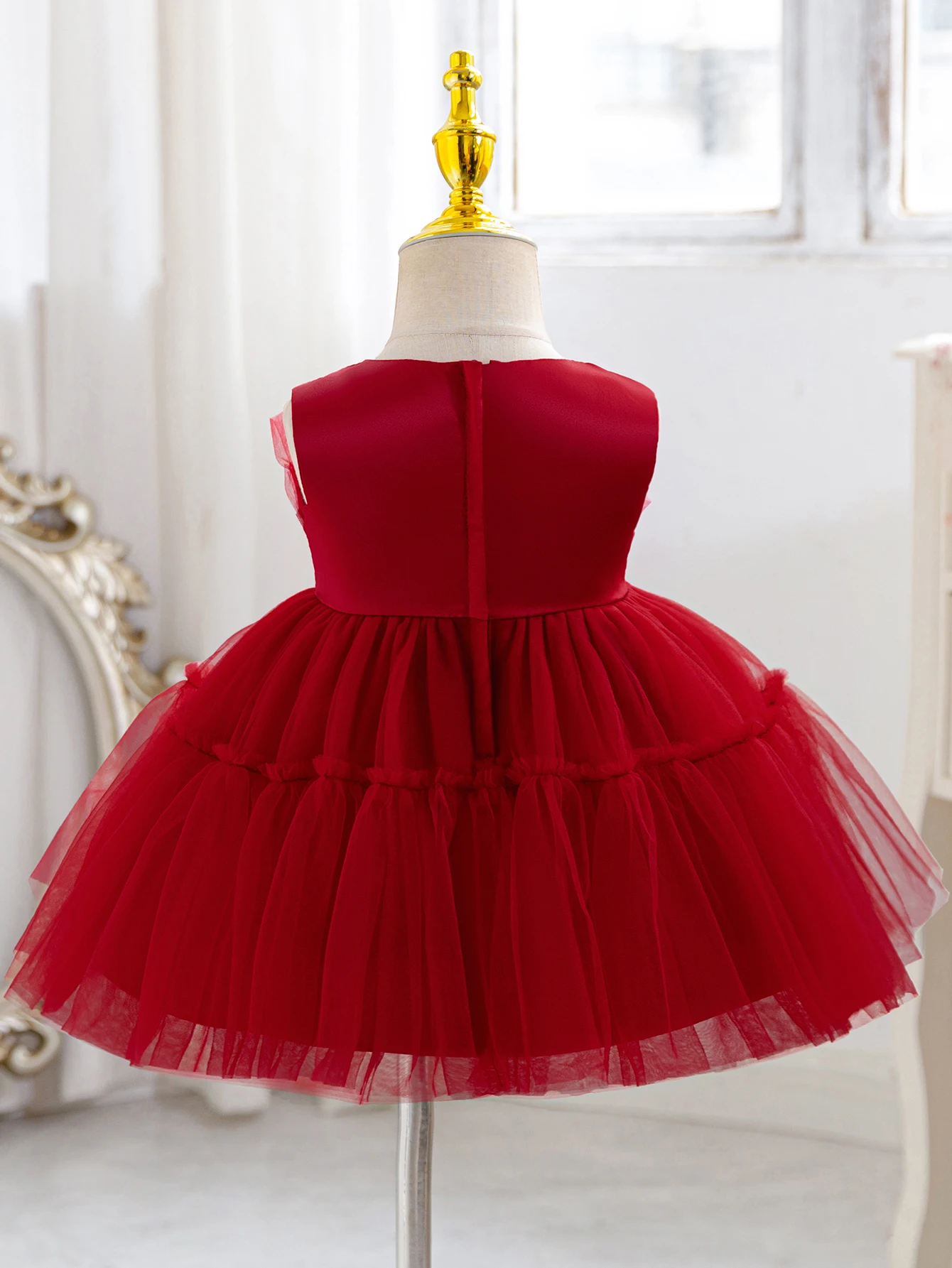 Baby 0-2 Years Old Wine Red Dress Fluffy Gauze Dress Birthday Party Dress
