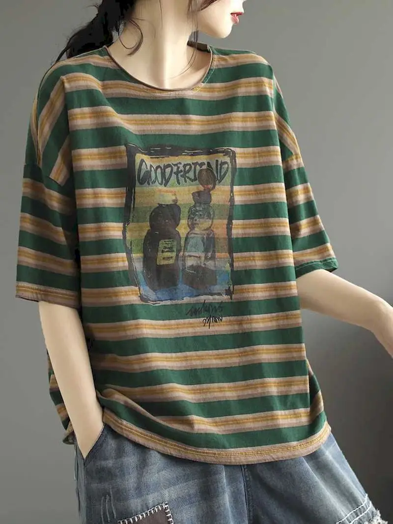 Original Vintage T Shirts Women Cotton Printed Washed Old Striped T-shirt Casual Loose Short Sleeve Top Summer Trend Thin Tshirt