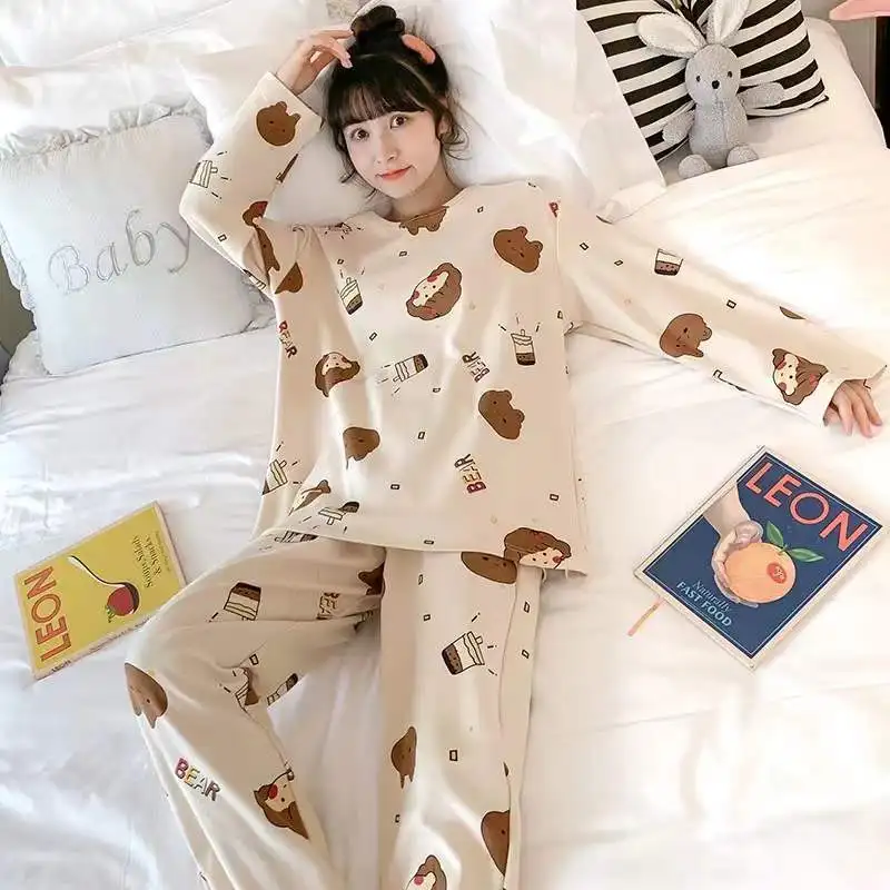 Spring Summer New Cartoon Women\'s Pajamas Set Long-sleeved Trousers Two-piece Home Clothing Girls Cute Soft Casual Loungewear