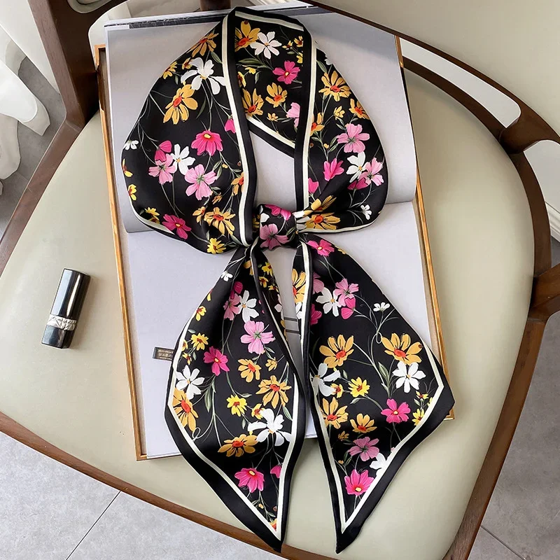 Fashion Floral Print Silk Skinny Scarf Women Thin Neck Long Scarves Narrow Office Lady Shawl Bandanas Female Hairbands