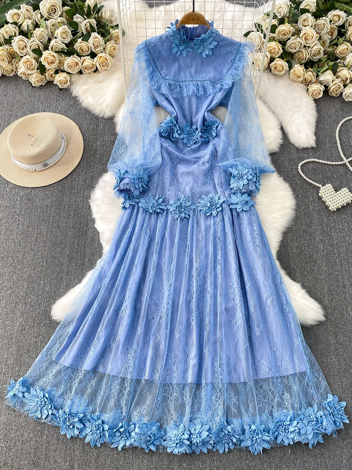 Retro Court Sle Beautiful Fairy Aosphere 3D Flower round Ne Long Dr Women's High-End Lace Dr Ele Princ Gown