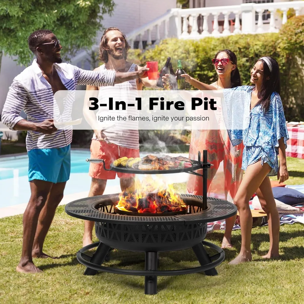 

Fire Pit, 35 Inch with Cooking Grill Grate & Charcoal Pan, 3-in-1 Wood Burning Firepits with Cover Lid, Metal Table, Fire Pit