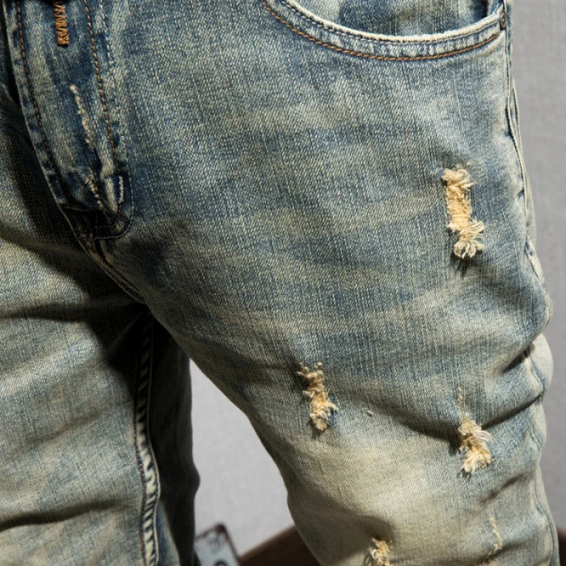 Summer Retro Distressed Stretch Ripped Denim Shorts Men's High-End Street Trend Men's Clothing Slim-Fitting Biker Pirate Shorts