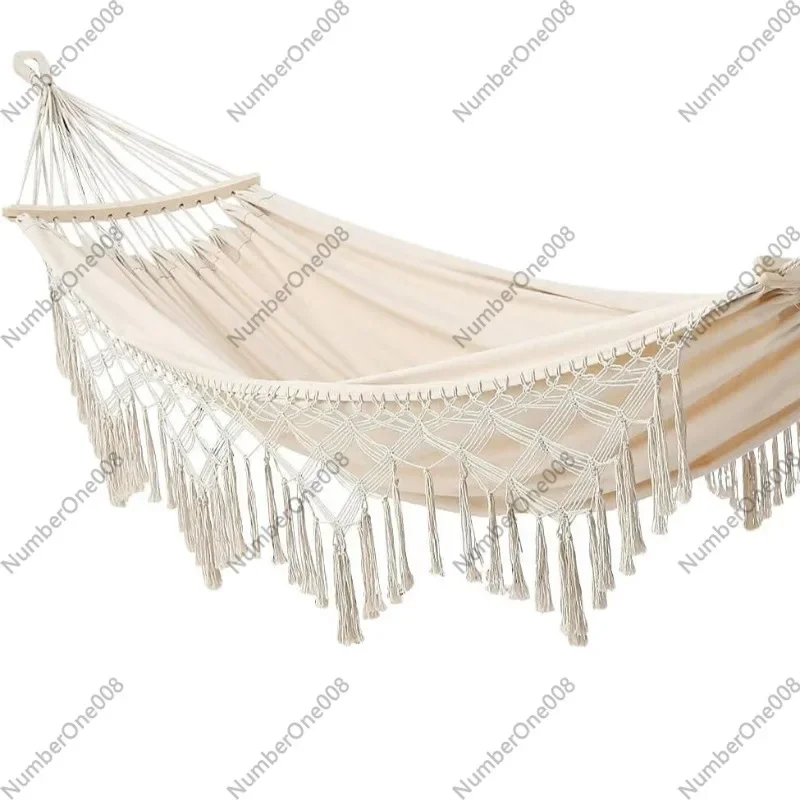 Outdoor Hammock Cotton Rope Hammock for Indoor Camping Hanging Chair with Tassel Bend Bar Portable