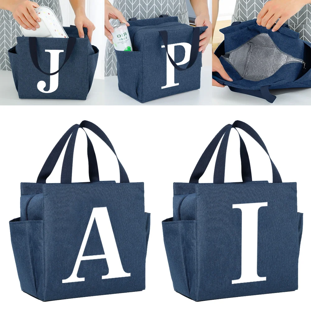 Functional Cooler Lunch Box Portable Insulated White Letter Series Canvas Lunch Bag Thermal Food Picnic Lunch Bags Women Handbag