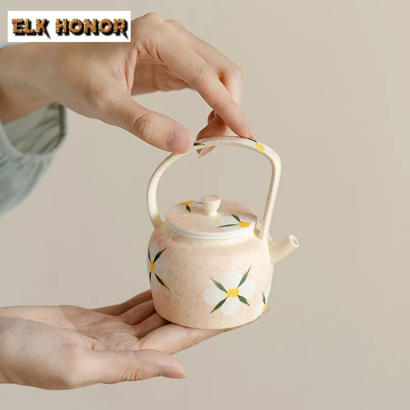 145ml Hand-painted Camellia Flower Teapot Zen Powder Yin Lifting Handle Pot Tea Maker Kettle With Ball Hole Tea Ceremony Craft