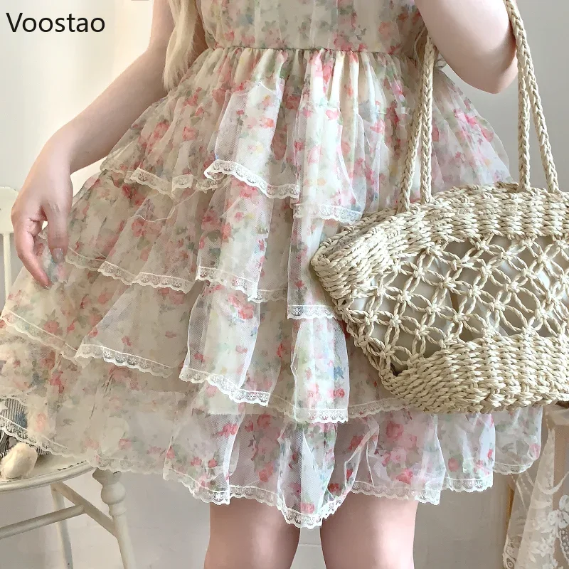 Sweet Elegant Lace Ruffles Lolita Mini Dress Women Kawaii Floral Print Princess Strap Dresses Korean Girls Beach Fairy Dress