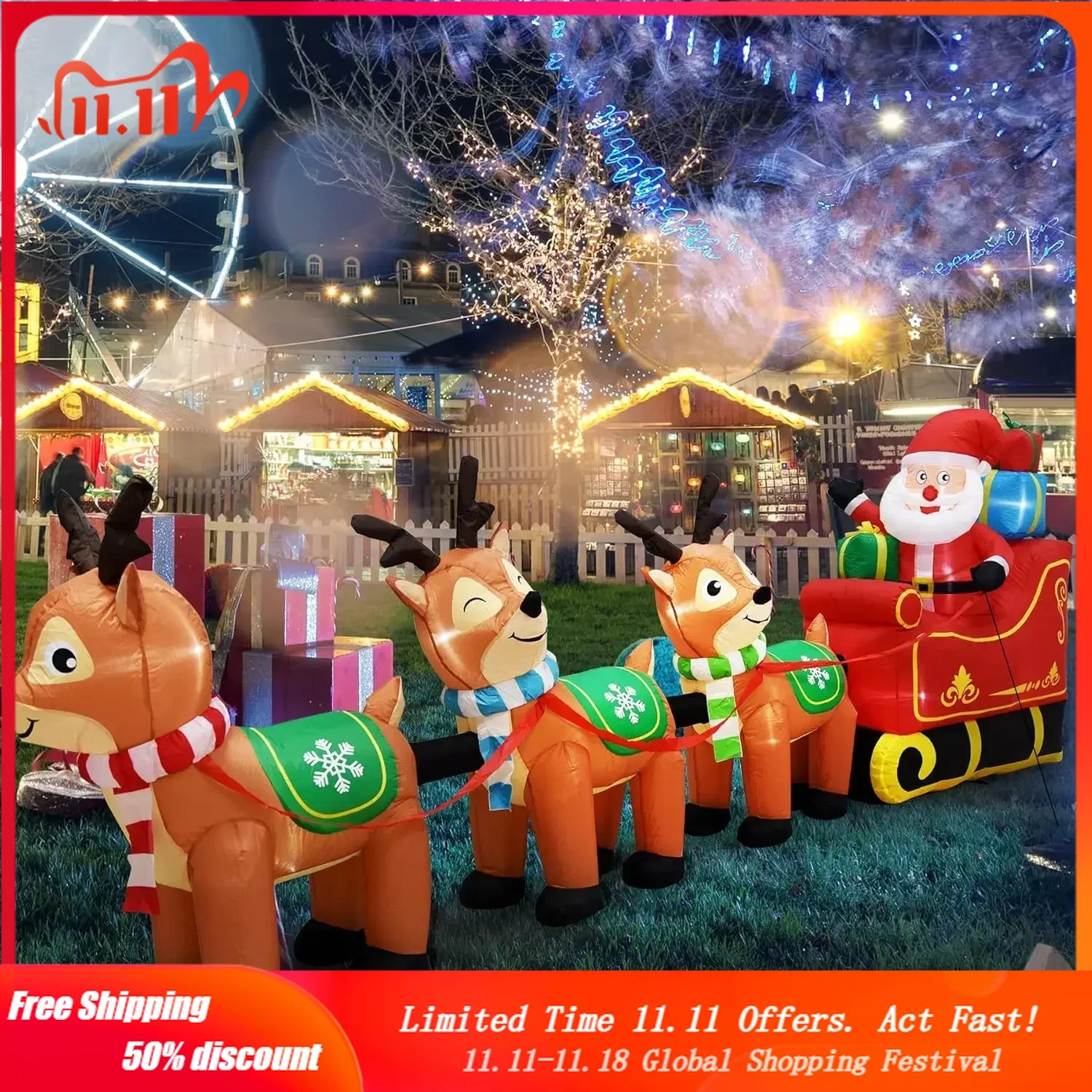 12 Ft Christmas Inflatables Outdoor Decorations Giant Blow Up Yard Decorations Inflatable Santa Claus on Sleigh and 3 Reindeer