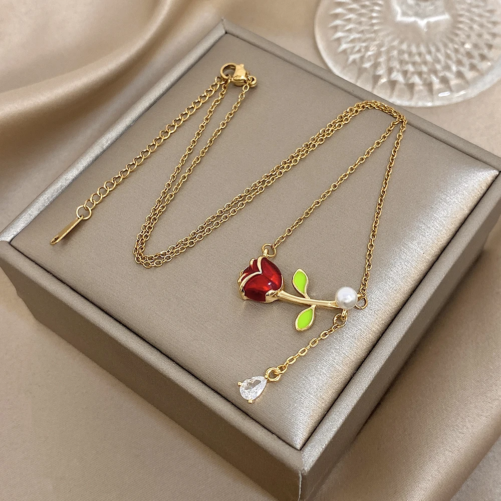 ファッショナブルなパールレッドエナメルローズペンダントネック - Pearl Choker Necklace Vintage のレビューと価格