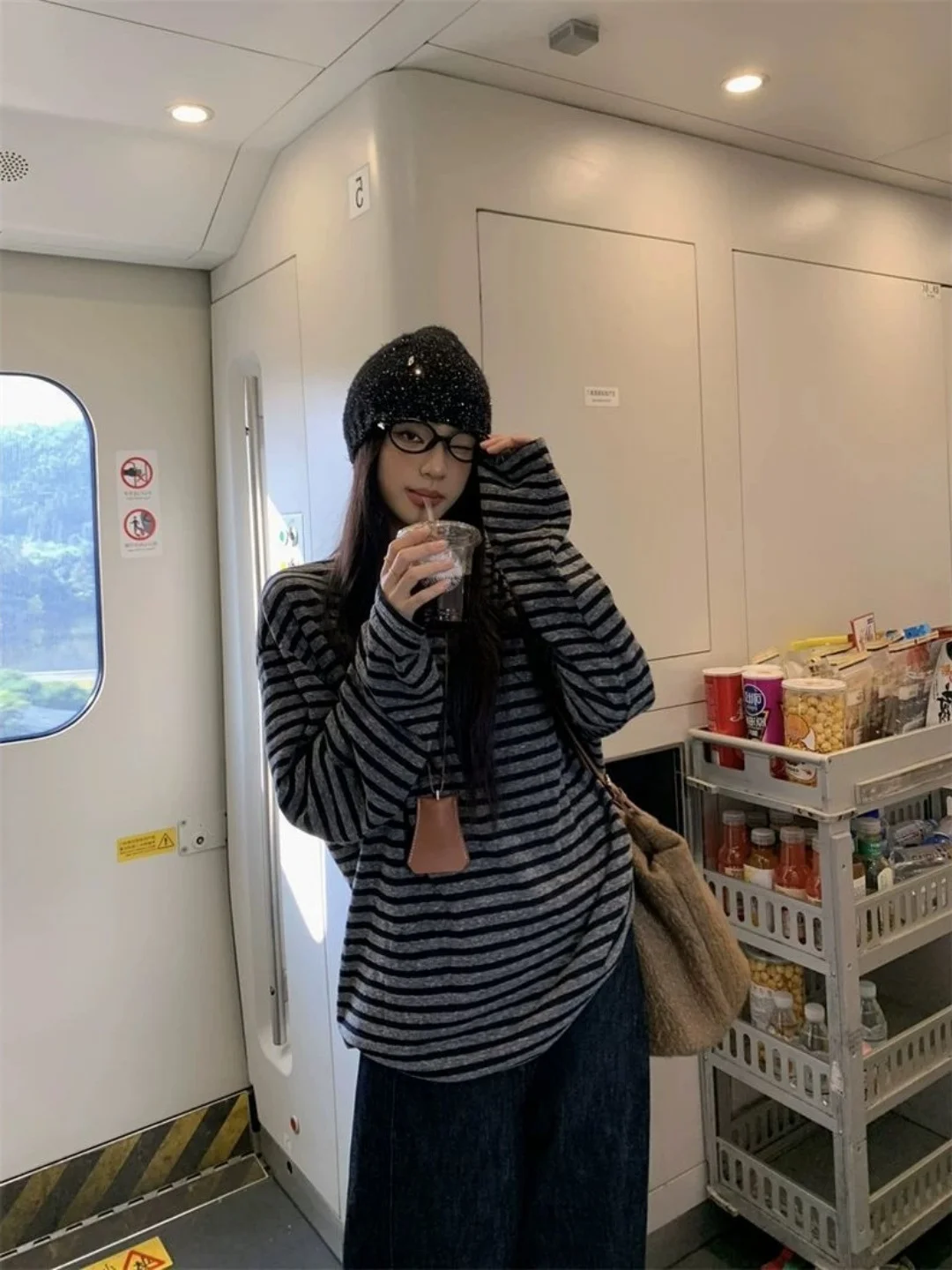Retro Striped Long Sleeve T-Shirt plus Size Women's Mid-Length Base Shirt Slimming Belly Covering Bottoming Shirt Female
