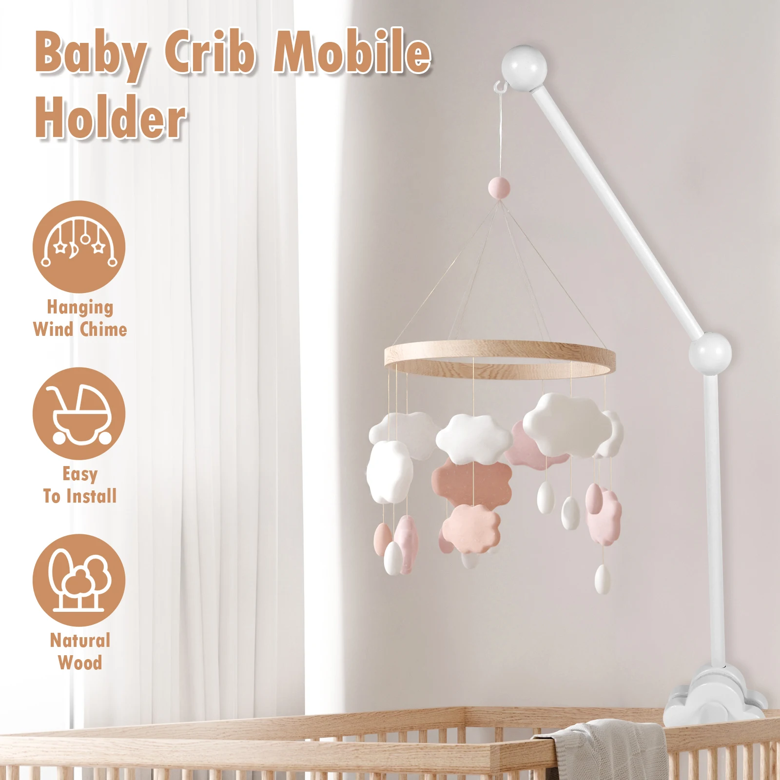 Baby Crib Mobile Holder Adjustable Angle Height Wooden Non-Skid Cot Mobile Arm Baby Bed Bell Bracket Mosquito Net Hanging Rod