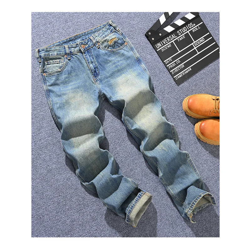 봄과 여름 트렌디 브랜드 남성용 아메리칸 레트로 루즈 스트레이트 레그 청바지, 청소년 패션 다용도 하이 스트리트 바지