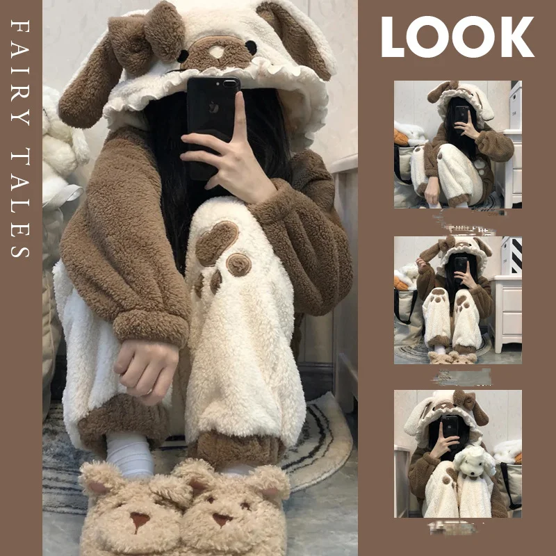 

Cute Little Bear Pajamas for Women Thick Warm Fleece Home Wear Set Autumn Nightgown Girls 2025 New Winter Nightclothes 2Pcs