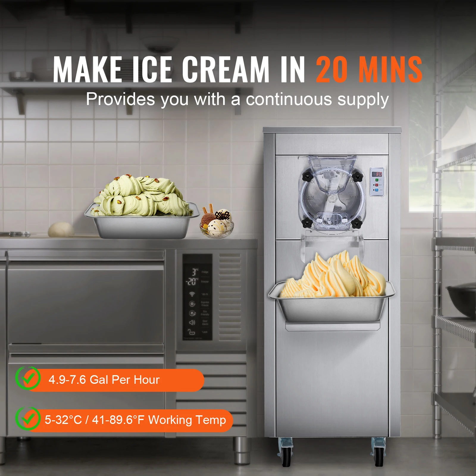 SucceBuy Ice Cream Maker for Commercial Use Produces 18L per Hour 1780W 6L LED Display Automatic Cleaning &Pre-cooling Functi