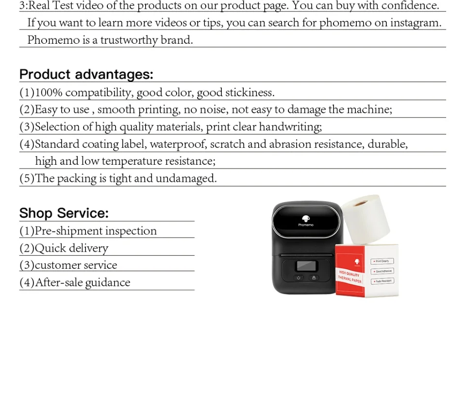 Phomemo Multi-Purpose Square Self-Adhesive Label for Phomemo M110/M200 Label Printer Width 20-50mm Labels/Roll