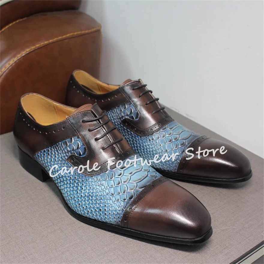 

Fashion Mixed Color Snakeskin pattern Prints Loafers for Men Handmade Genuine Leather Lace-up Oxfords Male Business Dress Shoes