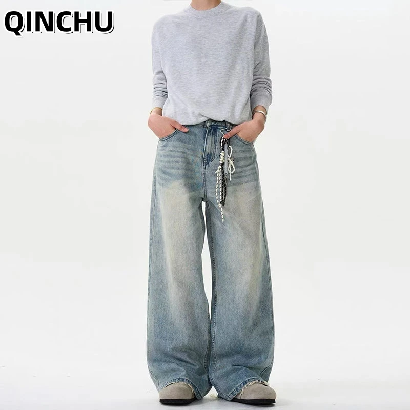 QINCHU American Retro Old Jeans Men and Women Casual Wide-leg Straight Pants 2026 Spring New Baggy Jeans