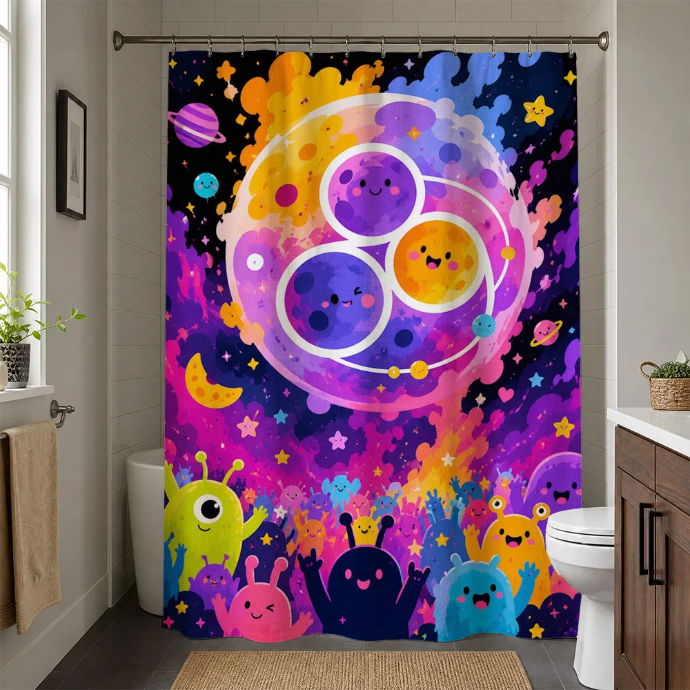 Vibrant Galaxy Planets Shower Curtain Fun Space Cosmic Kids Bathroom Decor Bright Colorful Nursery Shower Curtain