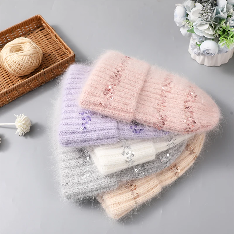 CNTANG Fashion Hat Round Sequins Winter Warm Beanies Angora Rabbit Fur Hats For Women Knitted Female Hats High Quality Cap y2k